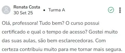 Comentário de Renata Costa elogiando as aulas