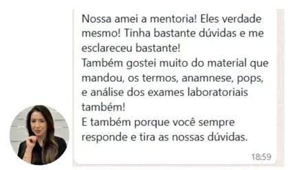 Mensagem de aluna elogiando a mentoria e os materiais