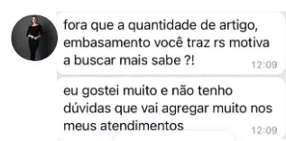 Mensagem elogiando o embasamento e os artigos