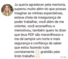 Mensagem de aluna agradecendo a mentoria e elogiando os PDFs