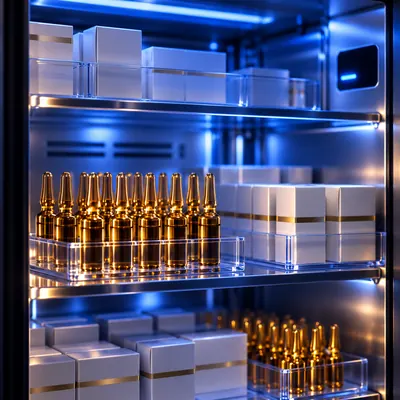 Ampolas organizadas em refrigerador farmacêutico
