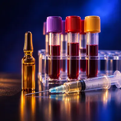 Tubos de coleta de exames laboratoriais ao lado de seringa e ampola
