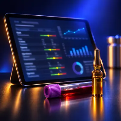 Tablet com laudo de exames laboratoriais, tubo de coleta e ampola